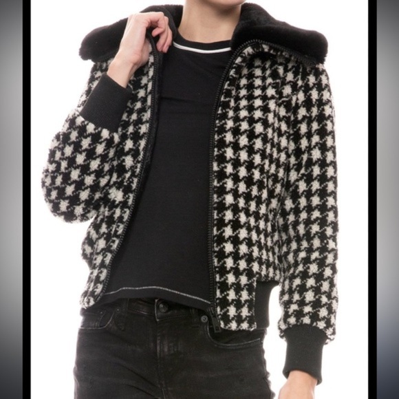 Jocelyn Sherpa bomber jacket houndstooth with faux teddy fur collar size small - Picture 1 of 9